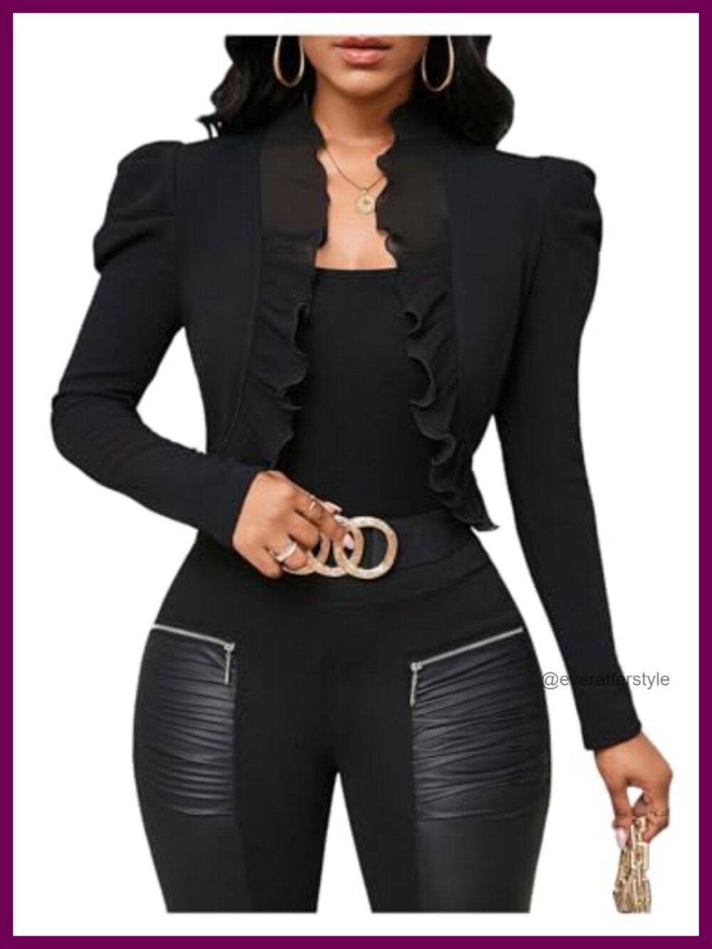 Ruffle Cropped Blazer Puff Sleeve Open Front Business Casual
